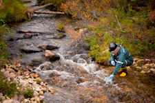 An image of a Cameco employee collecting water samples from a stream