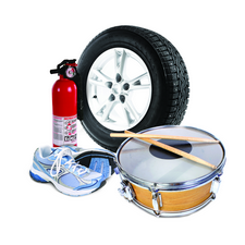 fire extinguisher, tire, running shoe, drum