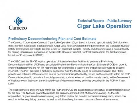 Preliminary Decommissioning Plan - Summary - Cigar Lake Operation cover